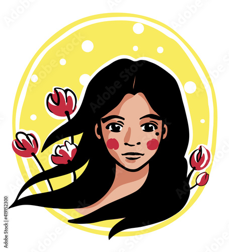 Beautiful girl portrait. Eastern woman with red flowers on yellow background. Vector hand-drawn illustration.