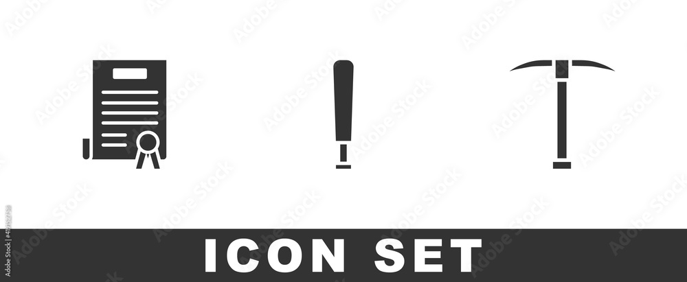 Set Declaration of independence, Baseball bat and Pickaxe icon. Vector.