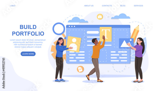 Portfolio management concept. Office teamwork and cooperation concept. Online cloud solution. Flat cartoon people vector illustration. Website, web page, landing page, ui template.