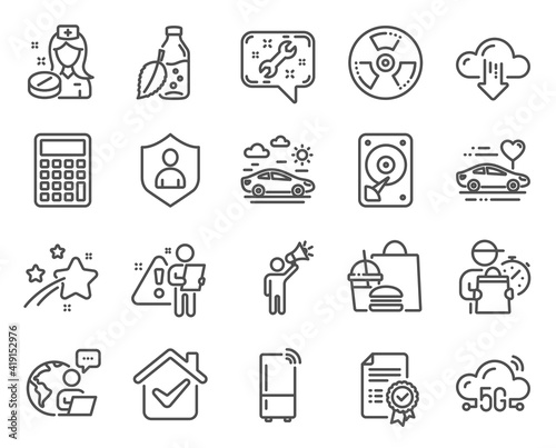 Business icons set. Included icon as Spanner, Hdd, Cloud download signs. Nurse, Chemical hazard, Certificate symbols. Security, Honeymoon travel, Water bottle. Calculator, Refrigerator. Vector