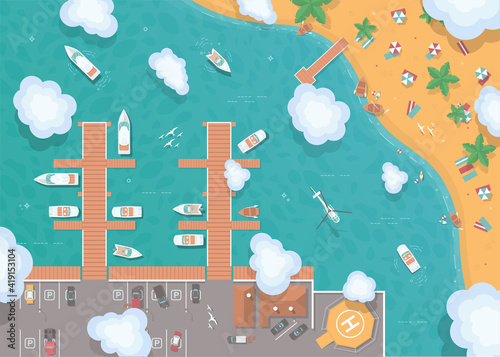 Illustration of a pier in flat style. Top view. Island in the middle of the ocean. Yachts, boats, sea transport in the port. The helicopter flies over the ocean. Summer, sea, sand, umbrellas, palms.