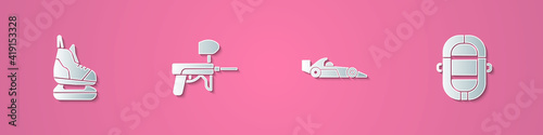 Set paper cut Skates, Paintball gun, Formula 1 racing car and Rafting boat icon. Paper art style. Vector.