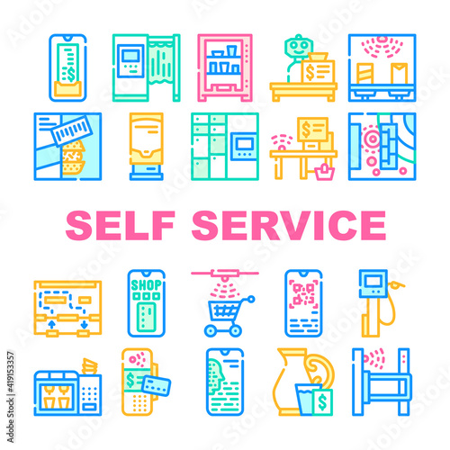 Self Service Buying Collection Icons Set Vector