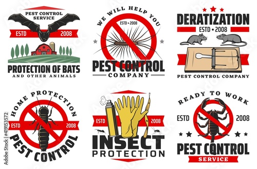 Pest control service isolated vector icons. Protection of bats, rats or mice and centipede, silverfish and scorpio with ants, mosquito prohibition signs, dangerous insects extermination, repellents