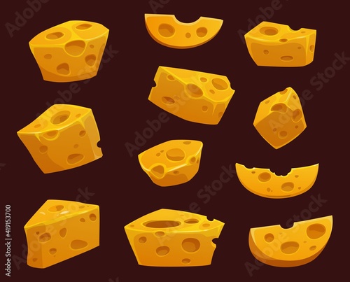 Cheese with holes cartoon vector of dairy food wedges, slices and pieces. Swiss, cheddar, gouda and maasdam, radamer and emmental, yellow hard cheese block isolated objects on dark background photo