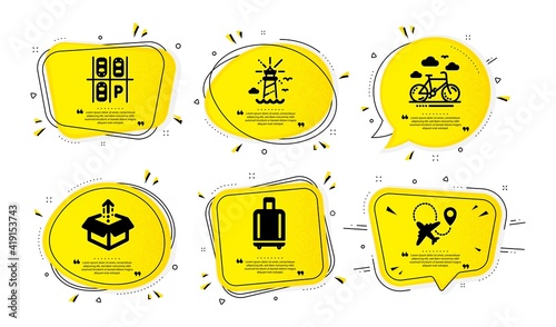 Lighthouse, Parking place and Baggage reclaim icons simple set. Yellow speech bubbles with dotwork effect. Send box, Bike rental and Airplane signs. Navigation beacon, Transport, Airport bag. Vector