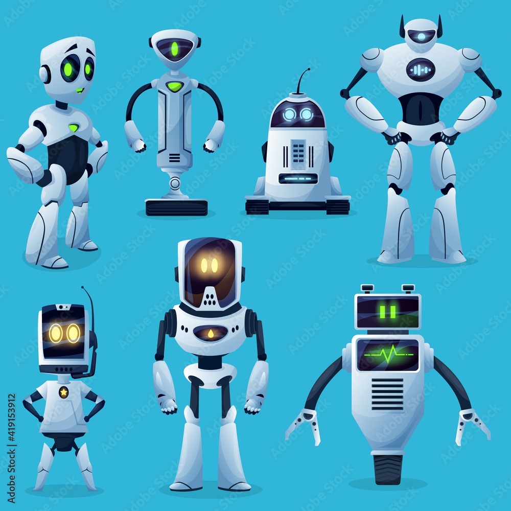 Robot characters, cartoon toys and future cyborgs, vector kids game  mascots. Retro and modern robots and machine monsters, space machine  androids with digital, face display, humanoid on wheel legs Stock Vector |
