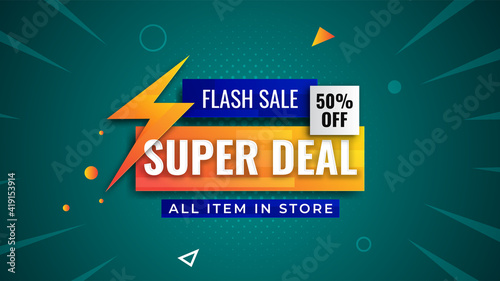 Flash sale discount banner template promotion. Super deal sale 50% off background. Trendy pop background design.