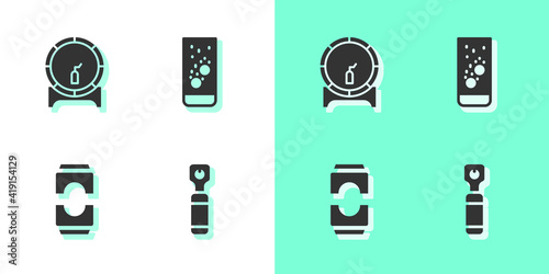 Set Bottle opener, Wooden barrel on rack, Beer can and Effervescent tablets in water icon. Vector.