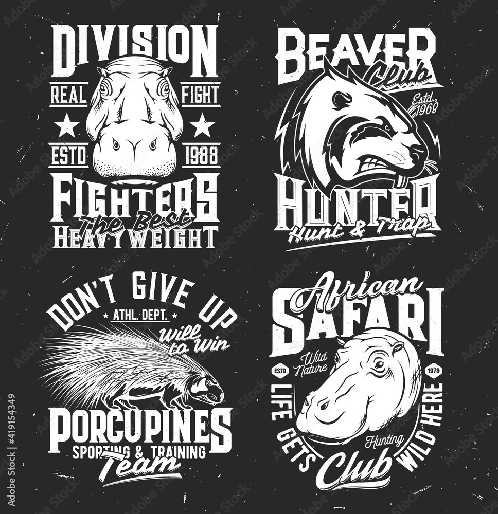 Sport team and hunting club mascot t-shirt print. Hippopotamus muzzle, beaver and porcupine engraved sketch vector. African safari hunting, fighters sport team apparel custom design print template