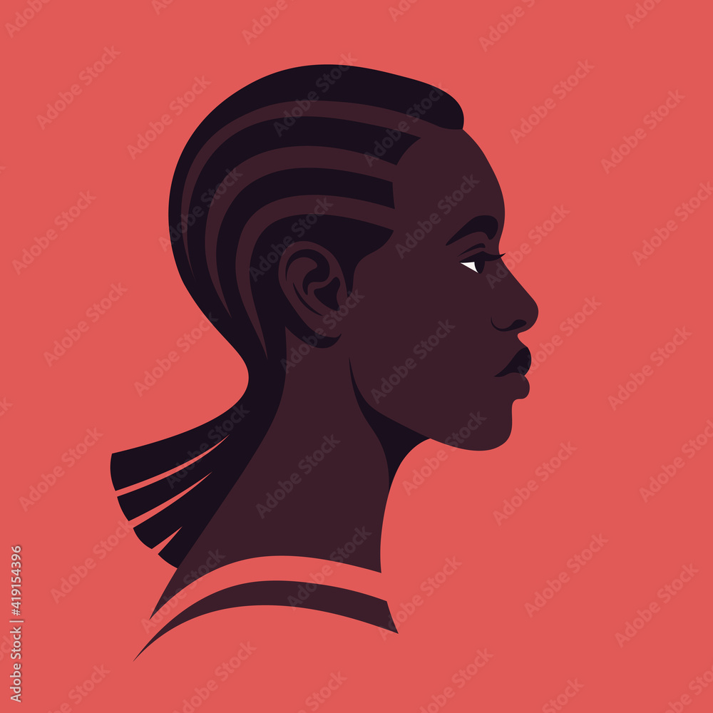 Portrait of an African woman in profile. The head is on the side. Diversity. Avatar. Vector flat illustration
