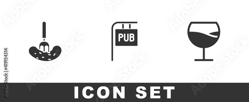 Set Pickled cucumber on a fork, Street signboard with Pub and Wine glass icon. Vector.