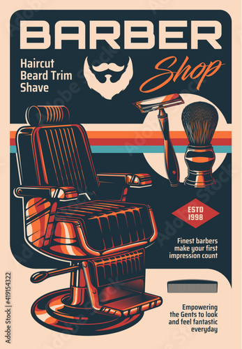 Barber shop vector vintage poster with armchair and classic equipment shaving brush and razor blade for men haircutting, trim and beard shave. Retro advertising card for gentlemen barbershop service