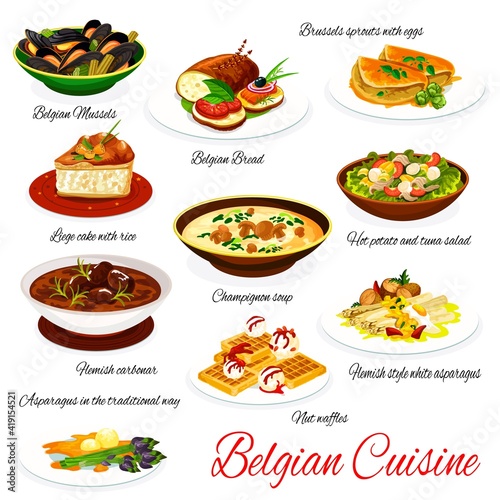 Belgian cuisine vector menu meals mussels, bread and Brussels sprouts with eggs, liege cake with rice, champignon soup and hot potato with tuna salad. Hemish carbonar, nut waffles Belgium food dishes