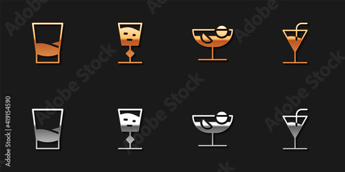 Set Glass of vodka, Wine glass, Cocktail and icon. Vector.