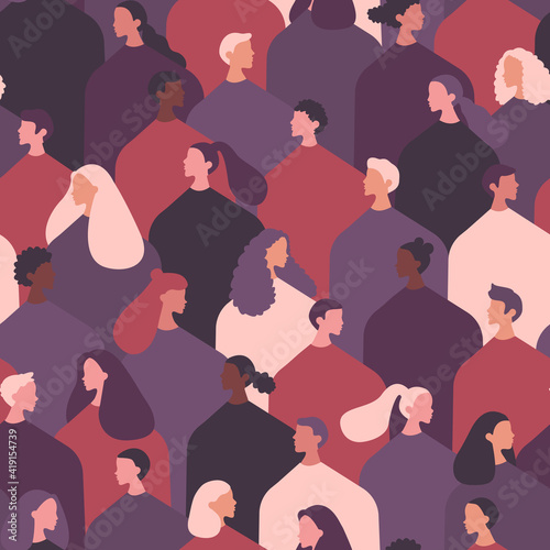 Stop racism. Black lives matter. Flat style different people. Purple seamless pattern.