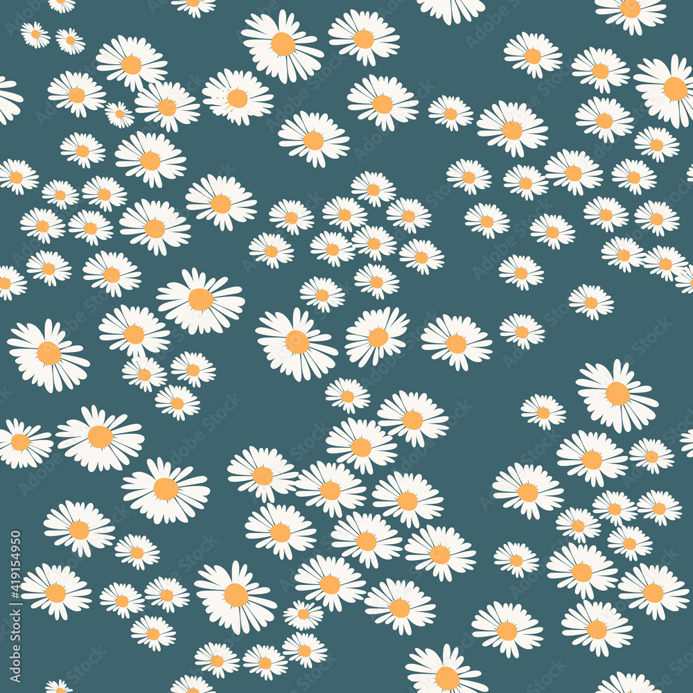 Cute pattern with small Daisy flower and chamomiles. Colorful floral seamless pattern. Endless natural botanical background. Hand drawn vector illustration for wrapping paper, textile print, fabric. 
