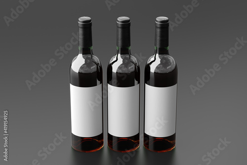 Three red wine bottles 750ml mock up with blank label on black background.