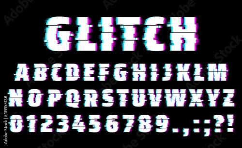 Glitch font of vector alphabet letters and numbers type. Distorted typeface with computer or TV screen noise, television signal fail and data decay effects, retro glitch typography font design