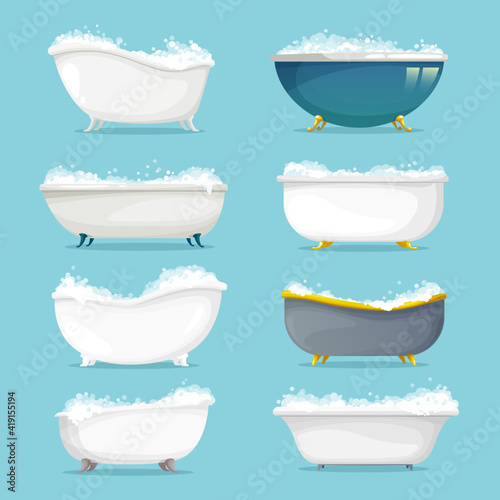 Classic freestanding bath with shampoo, soap foam set. Empty metal or ceramic retro bathtubs on gold, brass or copper clawfoots, filled with bubbles cartoon vector. Round, pedestal and slipper tubs