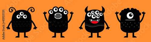 Monster icon set line banner. Kawaii cute cartoon baby character. Happy Halloween. Funny face head body black silhouette. Hands up, eyes teeth fang horn tongue. Flat design. Orange background.
