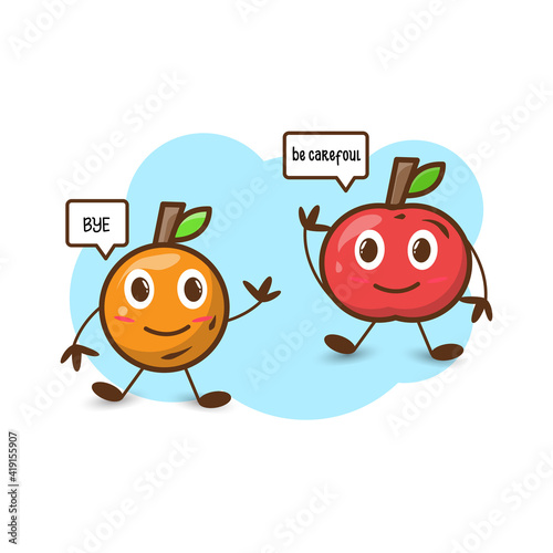 An illustration of cute apple and orange fruit goodbye.