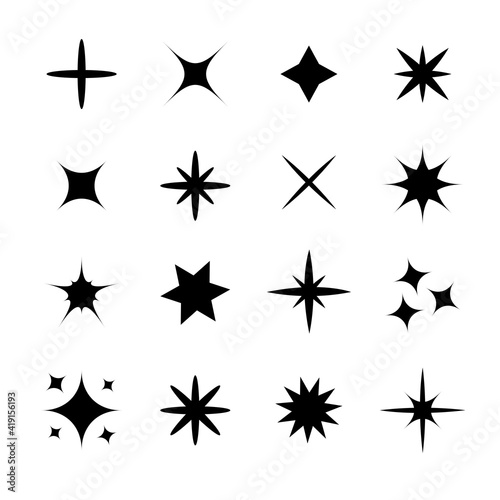 Stars Sparkles sign symbol set. Decoration twinkle sparkle element. Cute shape collection. Shining effect. Flat design. White background. Isolated.