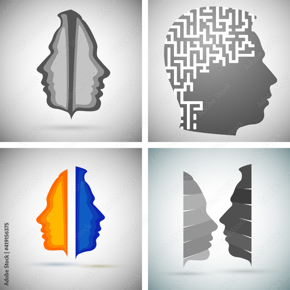 The concept of male and female psychology. Icons silhouette profile of a man's head. The aura of the mental body is the physical nature of man Vector illustrations EPS 10 for page cover book, magazine