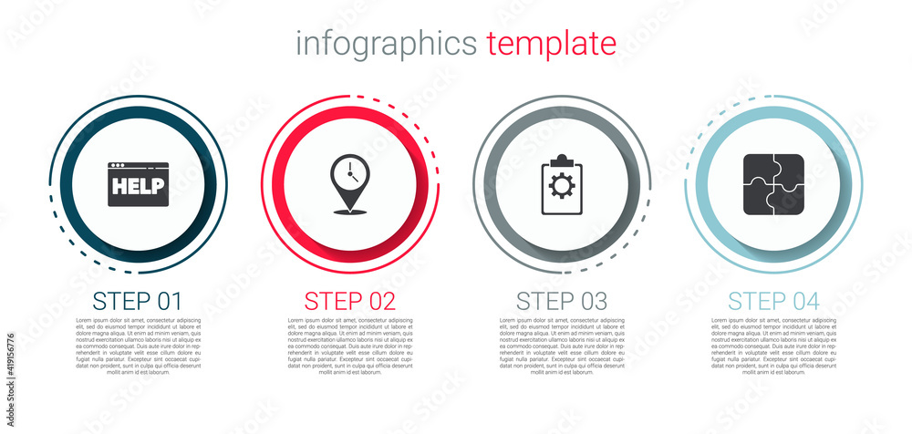 Set Browser help, Location with clock, Checklist 24 hours service and Piece of puzzle. Business infographic template. Vector. Set Browser help, Location with clock, Checklist 24 hours service and Piece of puzzle. Business infographic template. Vector.
