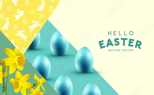 Happy Easter celebrations background with daffodil flowers, easter chocolate eggs and rabbit silhouettes. Vector illustration.
