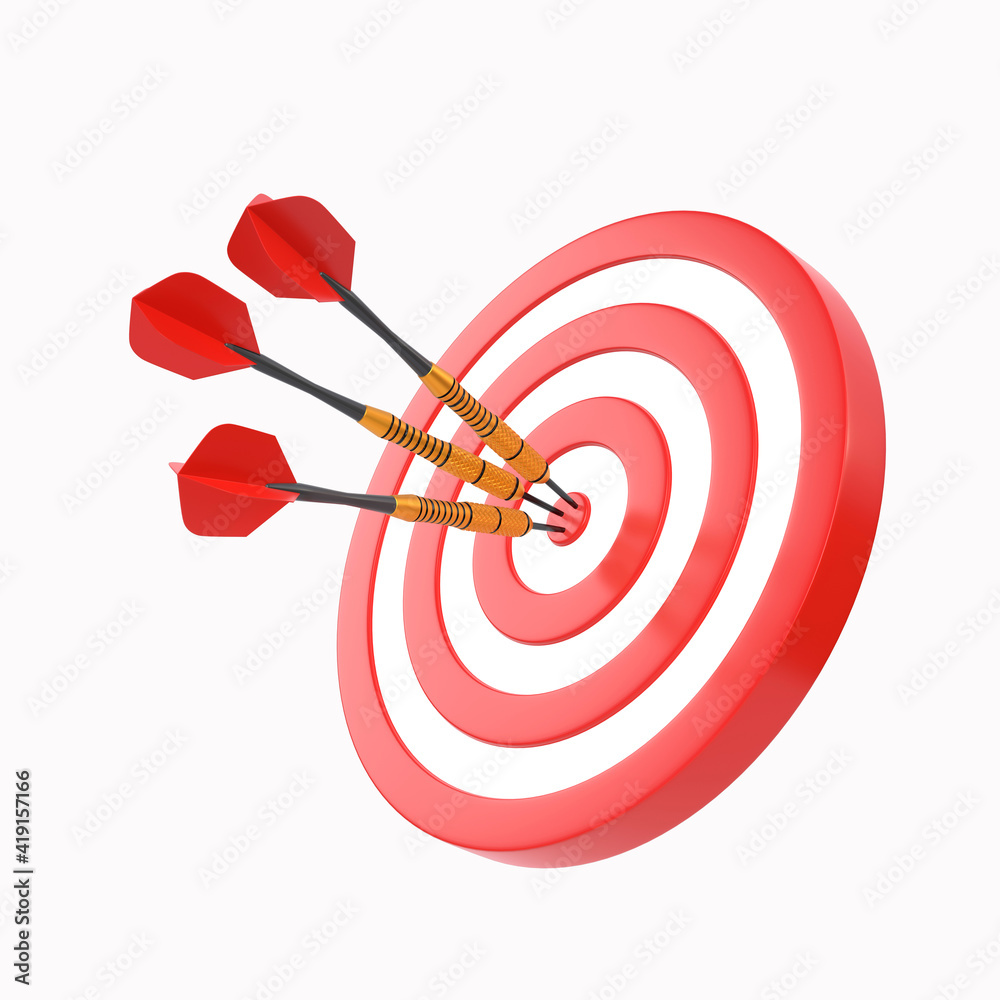 Three darts hitting a red target on the center isolated on white background. 3d render illustration Three darts hitting a red target on the center isolated on white background. 3d render illustration
