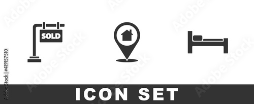Set Hanging sign with Sold, Location house and Bed icon. Vector.