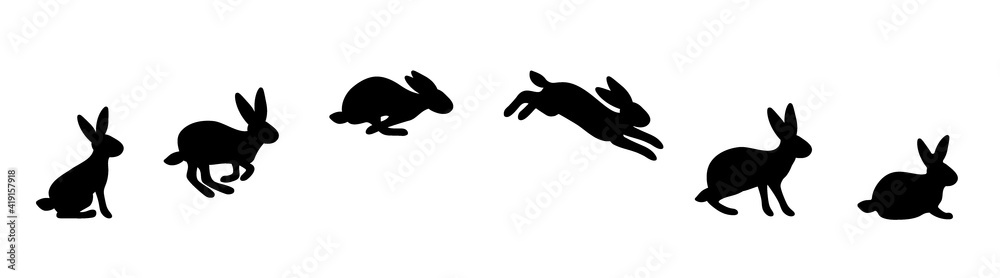 Fototapeta premium A set of rabbit jump phases. The hare sits, prepares to jump, jumps, lands. Black silhouette on a white background. Vector illustration.