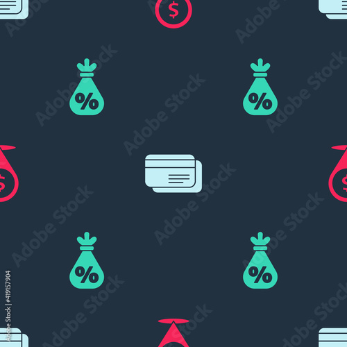 Set Cash location, Credit card and Money bag with percent on seamless pattern. Vector.