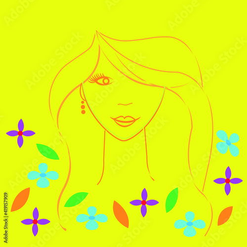 face of a girl with flowing hair decorated with flowers