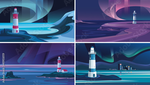 Lighthouses in the background of northern lights. Collection of northern landscapes.