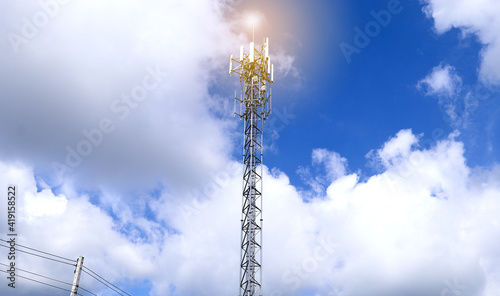 Telecommunication tower and sky blue. Modern Business Communication Concept.Antenna.