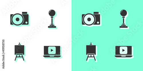 Set Online play video, Photo camera, Easel or painting art boards and Joystick for arcade machine icon. Vector.