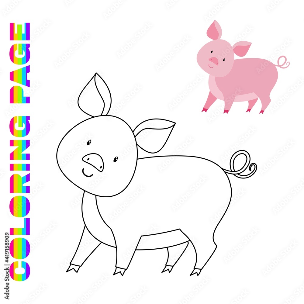 Fototapeta premium Coloring page with cartoon pig . Farm animal