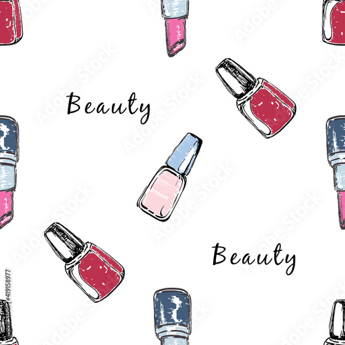 Vector graphic seamless pattern with nail polishes and lipstck on a white background