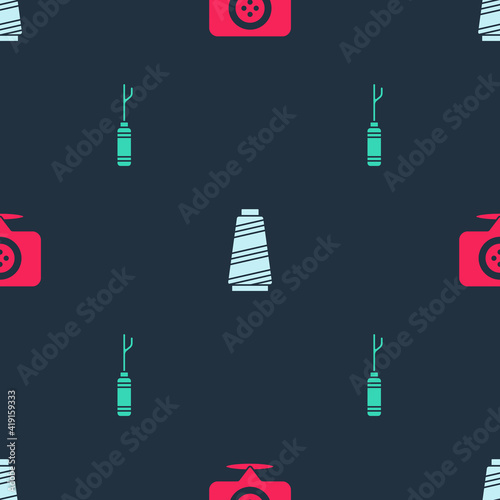 Set Location tailor shop, Sewing thread and Awl tool on seamless pattern. Vector.