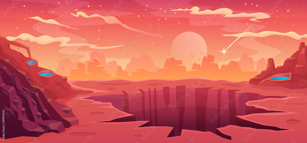 Space background alien fantastic landscape with rocks and a large ...