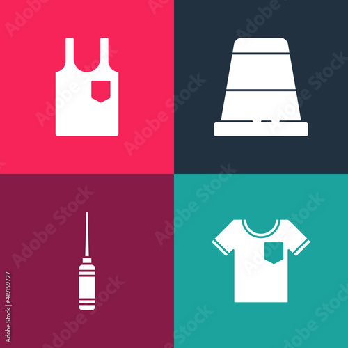 Set pop art T-shirt, Awl tool, Thimble for sewing and Sleeveless icon. Vector.