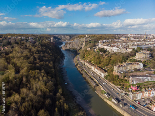 Aerial drone shot of Clifton Suspension Bridge and River Avon in Bristol