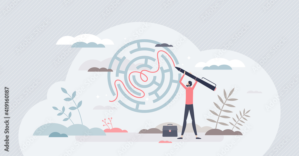 Business solution as messy maze solving skill or strategy tiny person concept