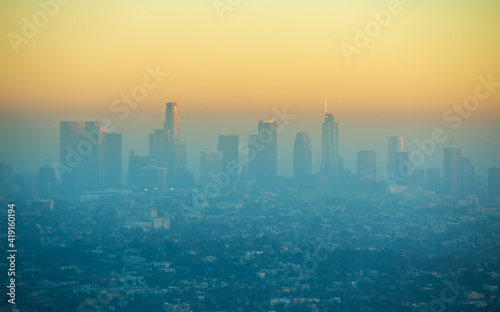 View of Downtown Los Angeles, California skyscrapers during colorful sunset