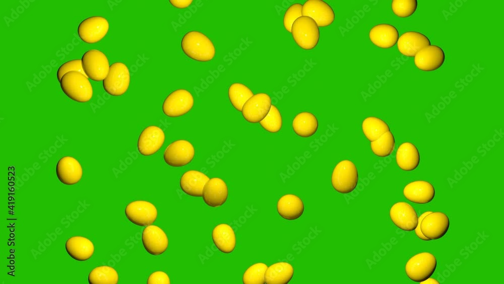 Rain of Easter yellow eggs on a chroma key background. Video effect for Easter. Video for Easter. 3D animation Rain of Easter yellow eggs on a chroma key background. Video effect for Easter. Video for Easter. 3D animation