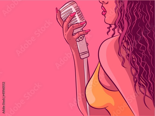 Flat illustration of a black woman singing jazz and blues with a mic. Vintage vector of a glamorous female in a dress speaking for a podcast. Artistic concept of a singer performing on a stage.