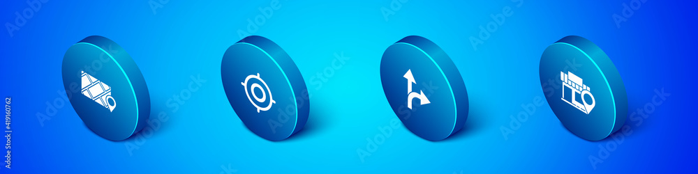 Set Isometric City map navigation, Road traffic sign, Location with store and Target sport icon. Vector. Set Isometric City map navigation, Road traffic sign, Location with store and Target sport icon. Vector.