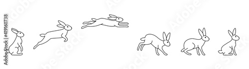 A set of rabbit jump phases. The hare sits, prepares to jump, jumps, lands. Black outline on a white background. Vector illustration in doodle style.